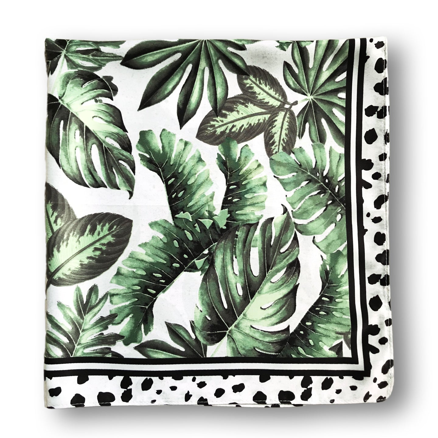 Black White Palm Leaf Silky Satin Square Head Hair Scarf